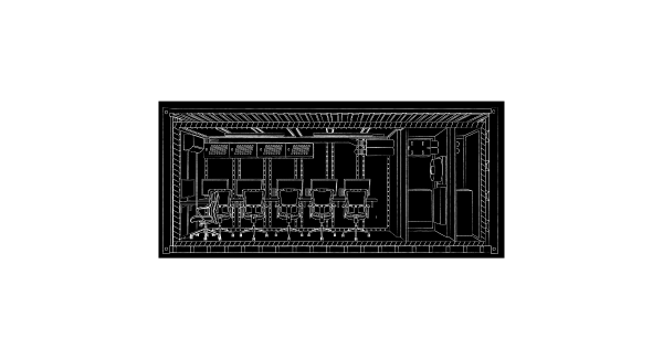 Cross-sectional outline of CenCore’s SCIF in a Box, showing its secure, modular interior design.