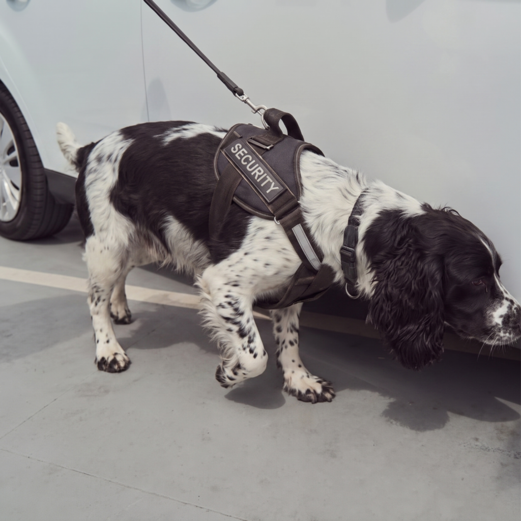 A K9 unit inspecting a car.
