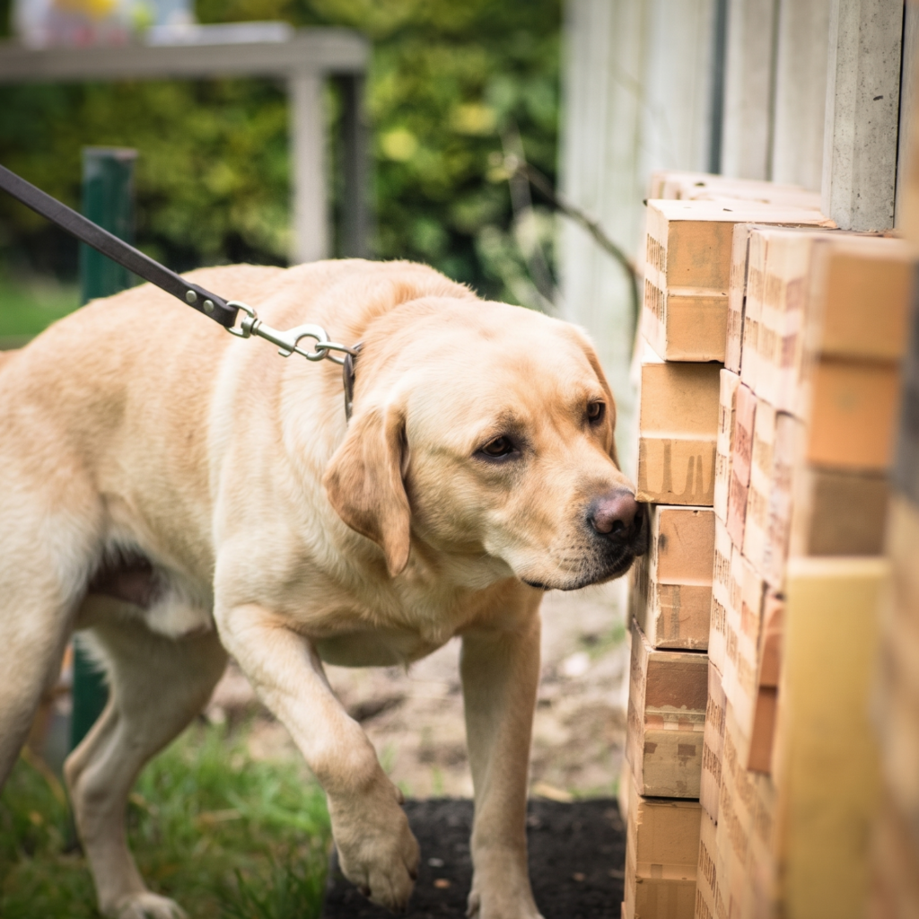 One of the bomb sniffing dogs conducting a search.
